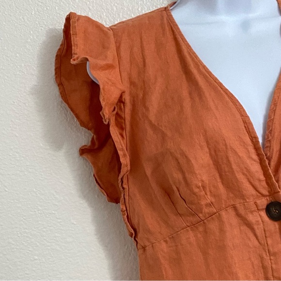 French Connection 100% Linen Button Down Sleeveless Midi V-neck Dress Ruffled 10 - Picture 3 of 12